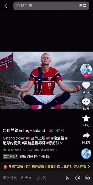 必有高人指點！哈蘭德抖音賬號曬打坐圖，配樂《挪威的森林》