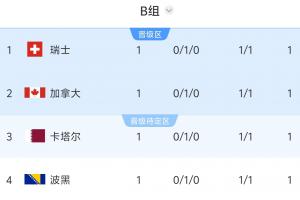 兩場都是1-1！B組積分榜：瑞士、加拿大、卡塔爾、波黑同積1分