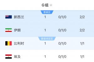 4隊1分！G組積分榜：四檔新西蘭居首！伊朗第2比利時第3埃及墊底