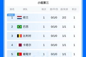 前8出線！小組第三排名：荷蘭、巴西、比利時、葡萄牙、西班牙前8