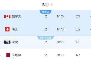出線形勢大好！B組積分榜：加拿大、瑞士4分，波黑、卡塔爾1分