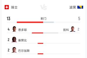 瑞士vs波黑全場數據：射門13-5 射正7-3 控球率62%-38%