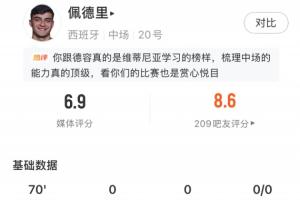 熱區圖集中在對方半場！佩德里全場數據：傳球成功率85.3%，6.9分