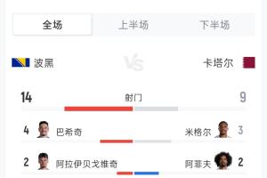 波黑3-1卡塔爾全場(chǎng)數(shù)據(jù)：射門14-9 射正5-3 角球5-5 黃牌0-1