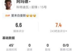 半場被換下！阿瑪?shù)?射0正 1過人+0關鍵傳球 8對抗5成功 獲6.6分