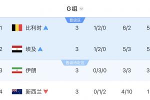 G組最終積分榜：比利時(shí)、埃及前二出線，伊朗第3待定，新西蘭淘汰