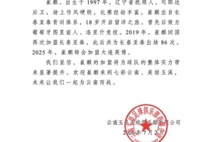 曾留洋葡萄牙！官方：崔麒加盟云南玉昆，此前效力亞泰、英博