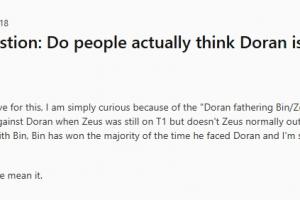 外網討論“Doran真比Bin強？”：Doran不是Zeus的爹嗎？抗壓方面是最強的