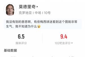 莫德里奇半場數(shù)據(jù)：17次傳球成功率82.4% 1解圍 1搶斷 2奪回球權(quán)