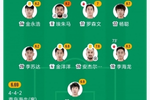 海牛安杰爾科維奇、金洋洋、金永浩均累計(jì)4黃，下輪戰(zhàn)河南將停賽
