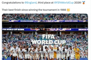 FIFA社媒：祝賀英格蘭隊獲得世界杯季軍，創(chuàng)造1966年后最好成績