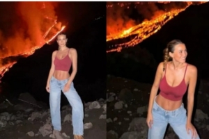 意媒：卡里烏斯妻子曬火山徒步照片，被批缺乏安全意識+著裝不當