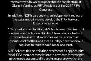 新西蘭足協聲明：撤回對因凡蒂諾競選FIFA主席的支持
